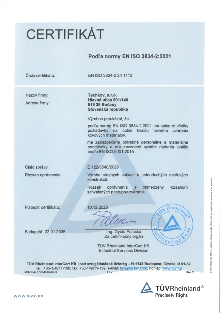 EN ISO 3834-2 – Úplné požiadavky na kvalitu tavného zvárania